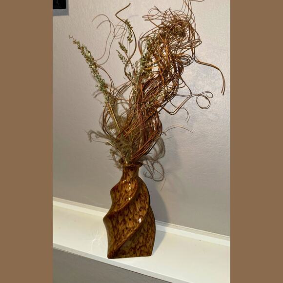 Mid-Century Brown Swirl Ceramic Vase with Dried Arrangement – 22” Tall - Picture 1 of 6
